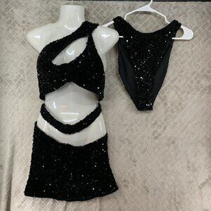Alglist Womens XS Mini Dress Black Sparkly Cut Out Vegas Show Girl Dance 2 Piece